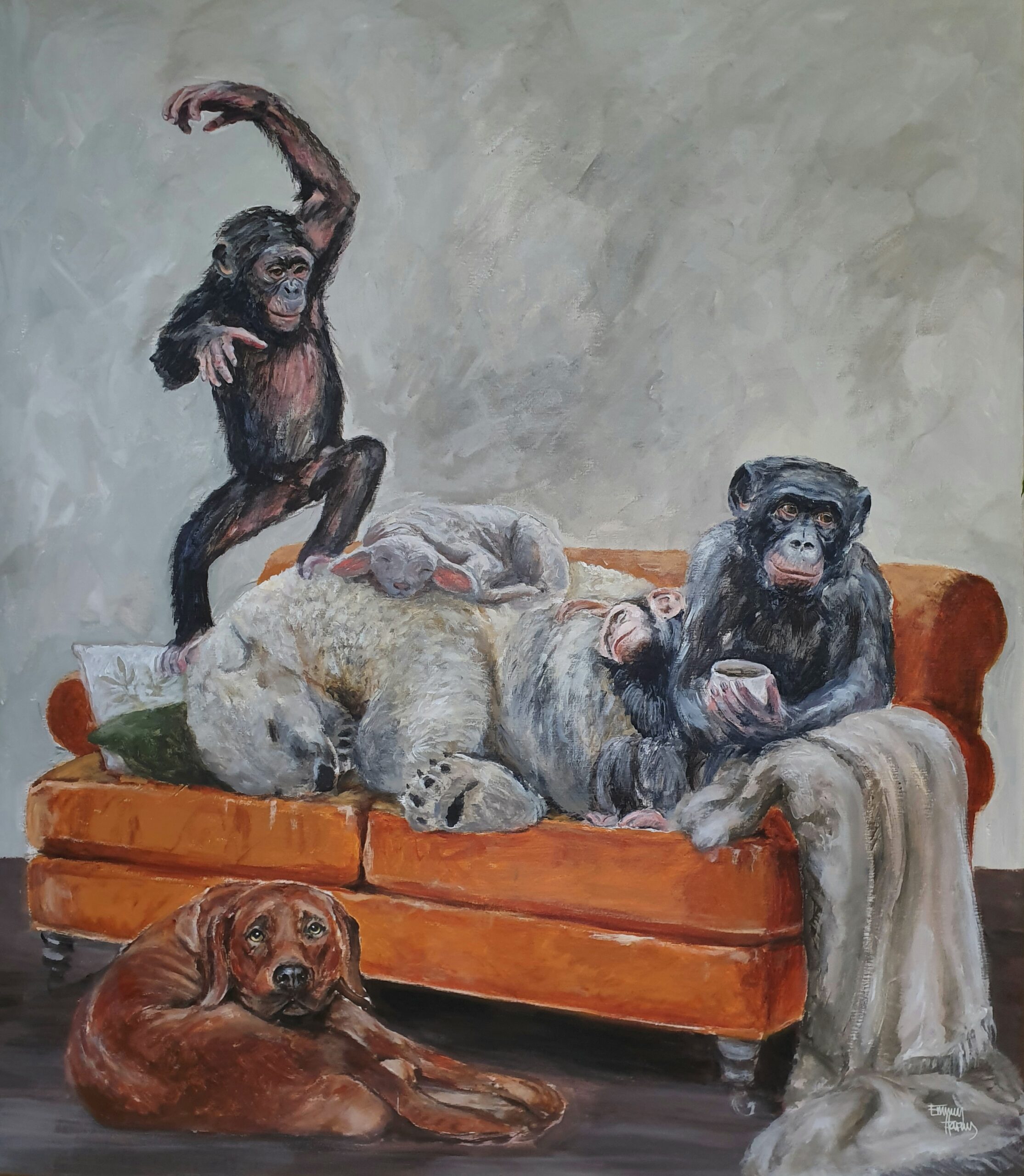 oransje sofa ape hund isbjørn familie familieliv emmy harnes dyrebilde dyr i kunsten billedkunst figurativ kunst antrofomorfisme anthropomorphism